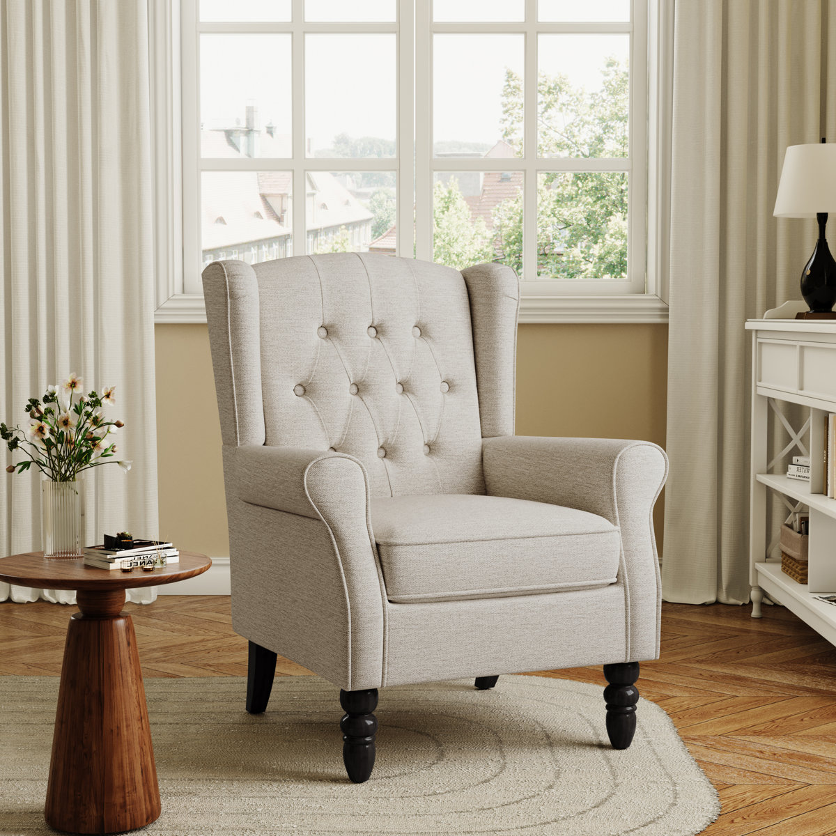 Duward Upholstered Beige Button Tufted Wingback Accent Chair with Rolled Arm and Thick Padded Cushion